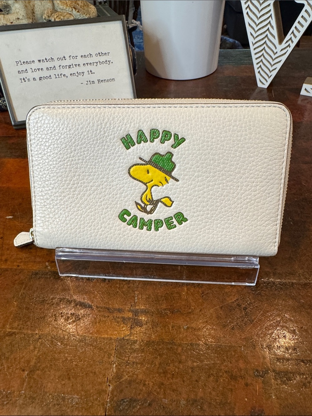 Coach x Peanuts Cream Zip Wallet with Woodstock “Happy Camper”